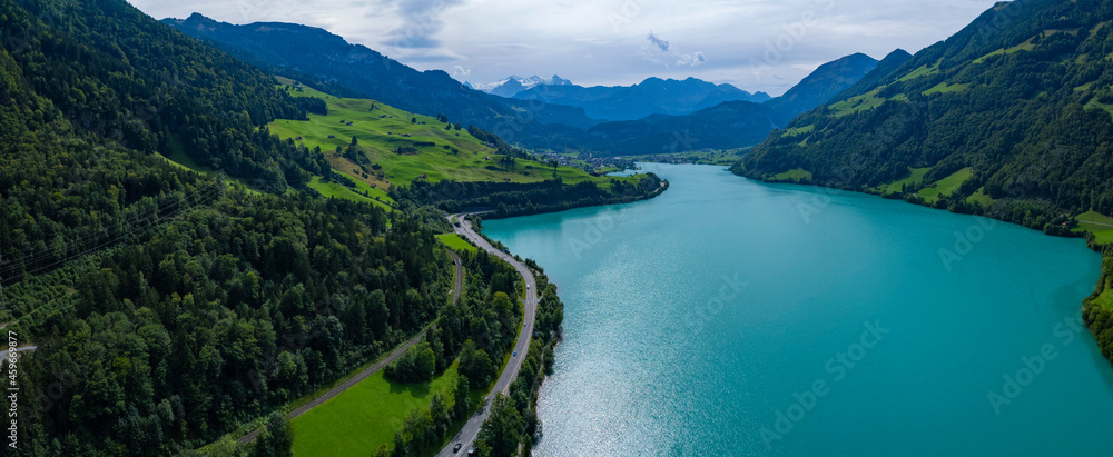 Aerial view of the lake Lungernersee in Switzerland on a sunny day in summer.