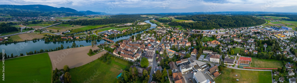 Aerial view around the old town of the city Wangen an der Aare in Switzerland on a late afternoon in summer.