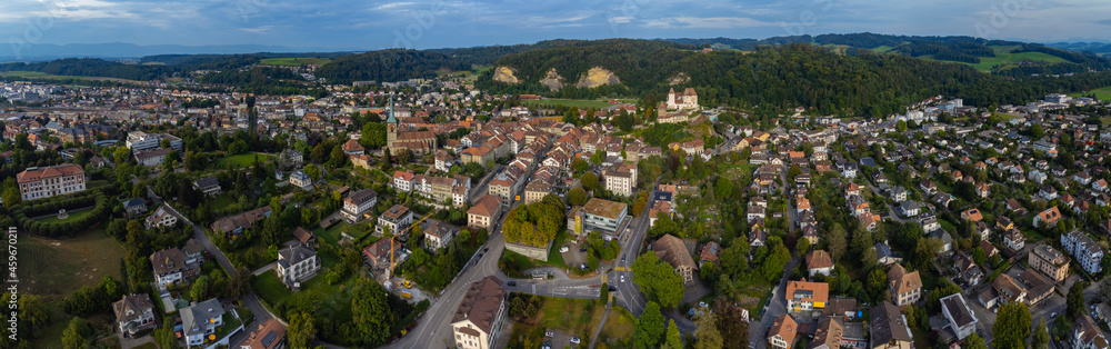 Aerial view around the old town of the city Burgdorf  in Switzerland on a late afternoon in summer.
