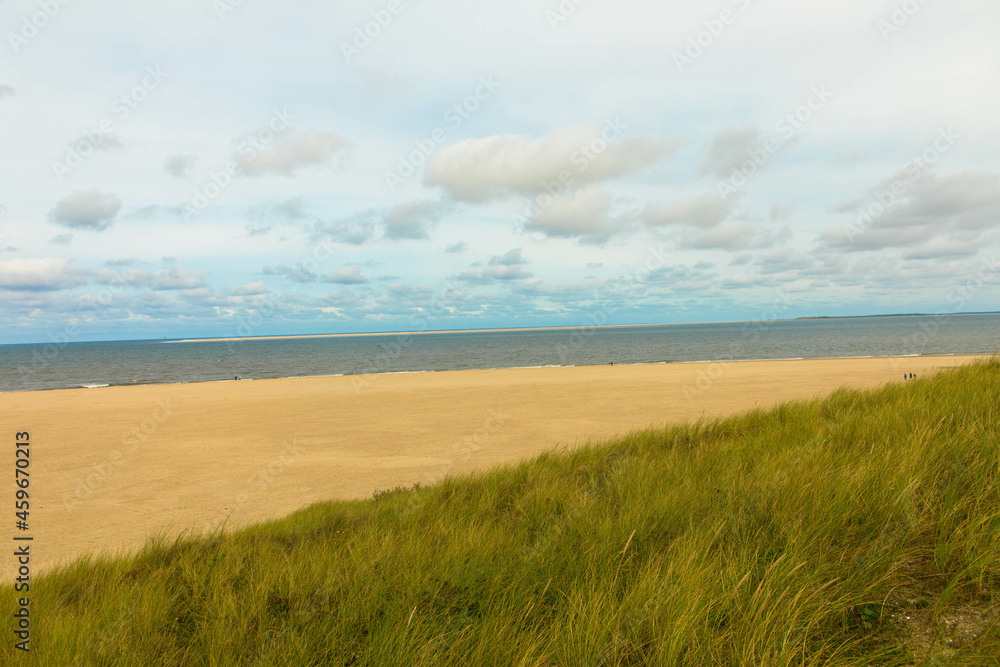 Panorama view of Dunes with marram grass and an empty beach on the Dutch island of Texel on a  with a blue cloudy sky in summer. National park Duinen van Texel  Tourism and vacations concept.