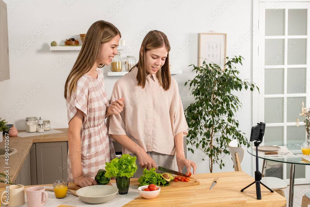 Two teenage girls cooking vegetable salad by kitchen table during livestream Two teenage girls cooking vegetable salad by kitchen table during livestream