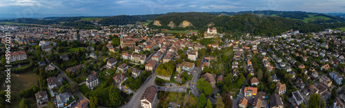 Aerial view around the old town of the city Burgdorf in Switzerland on a late afternoon in summer.