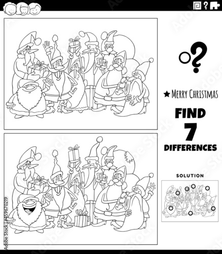 differences game with Santa characters coloring book page