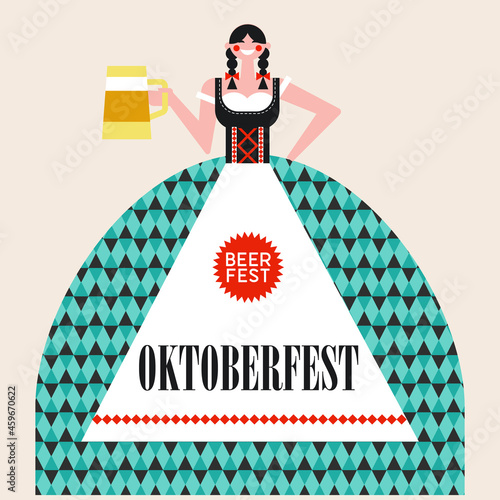 Oktoberfest. A German girl in a national costume with a beer mug. Vector illustration. Beer festival.