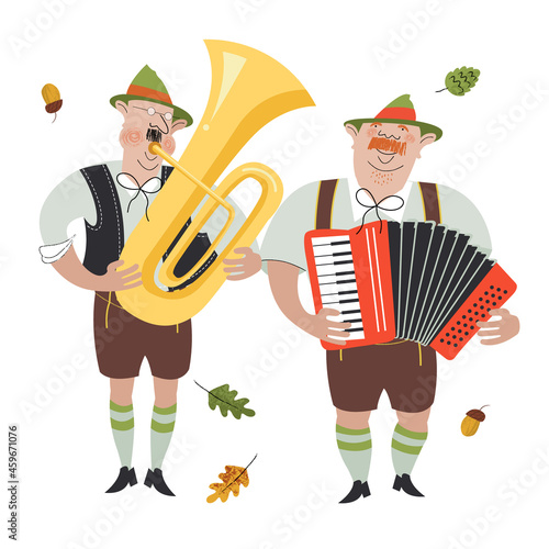 Two cheerful Germans in national costumes play musical instruments. Vector illustration.
