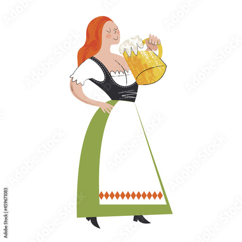 The traditional Oktoberfest beer festival. A girl in a national costume drinks beer. Vector illustration.