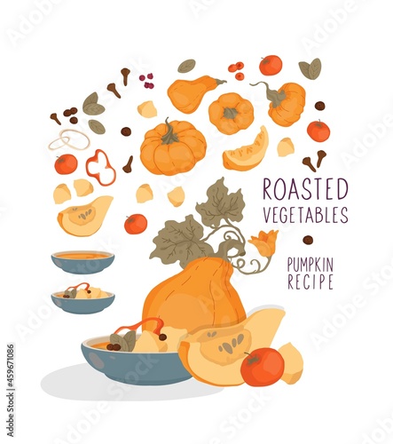 Autumn menu. Pumpkin soup. Ingredients for pumpkin recipes. Traditional dishes for celebrating Thanksgiving and the Harvest Festival. Big set.