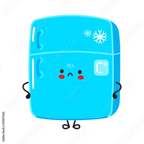 Cute sad fridge character. Vector hand drawn cartoon kawaii character illustration icon. Isolated on blue background. Fridge character concept