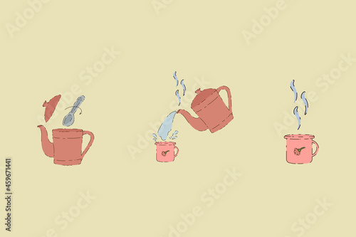 Vector set of pictures with tea. A collection of illustrations with the steps of brewing a hot drink. Brewing tea in a teapot. Stirring and enjoying tea in a cup. Have a nice tea party. Vector