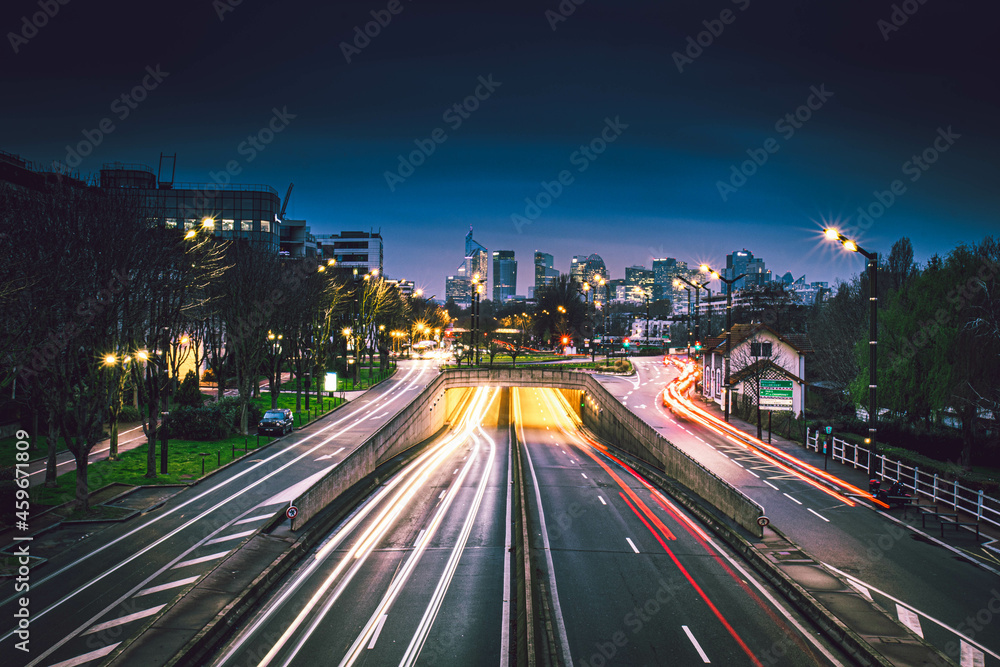 La Défense & long exposure cars at night time, Paris, France