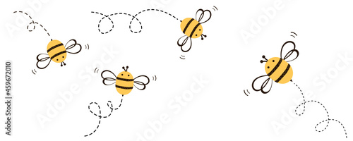 Set of cute bee cartoons and dot lines isolated on white background vector. photo