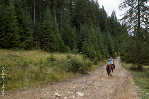 girl on a horse in the spruce forest