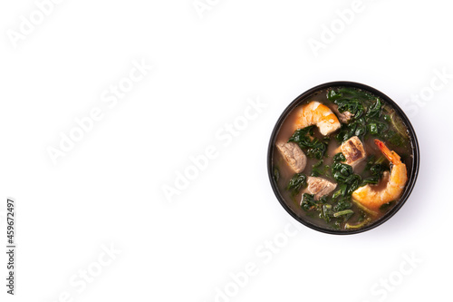Beef,okra stew and spinach soup in bowl isolated on white background. Top view. Copy space