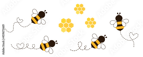 Cute bee cartoon and honey sign isolated on white background vector.