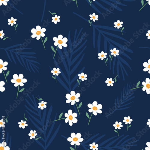 Seamless pattern with daisy flower and leaves on blue background vector illustration. Cute floral print.