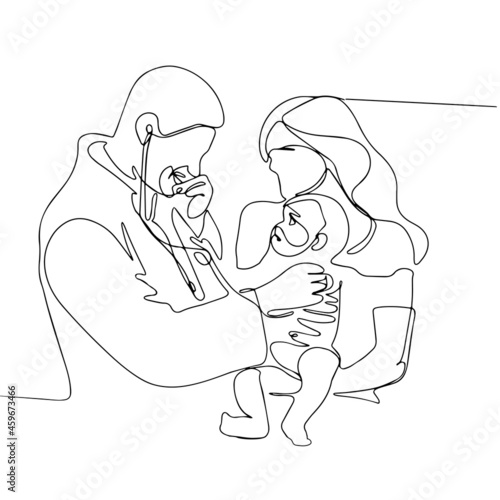 pediatrician check up baby boy held by his mother. Vector illustration