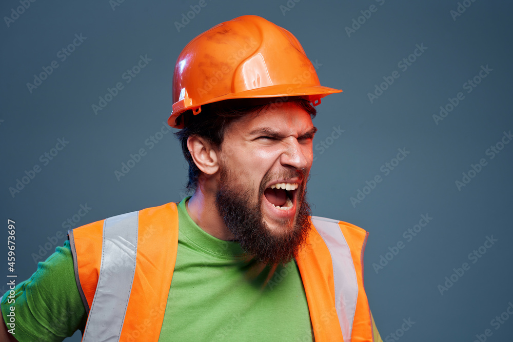 bearded man orange helmet on the head industry isolated background bearded man orange helmet on the head industry isolated background