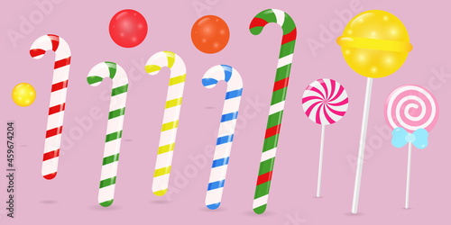 A delicious set of sparkling candy canes, lollipops and round candies. Vector illustration.