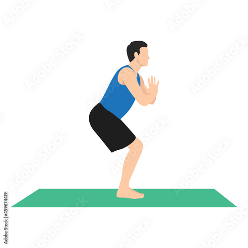 Man doing Utkatasana or Chair pose yoga pose,vector illustration in trendy style