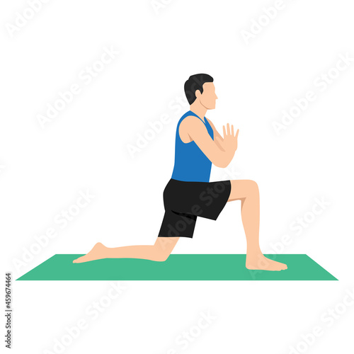 Man doing Anjaneyasana or low lunge yoga pose,vector illustration in trendy style
