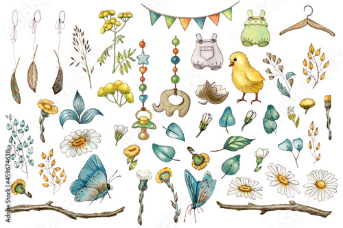 Watercolor illustration, retro style. Spring rustic set. For children.
