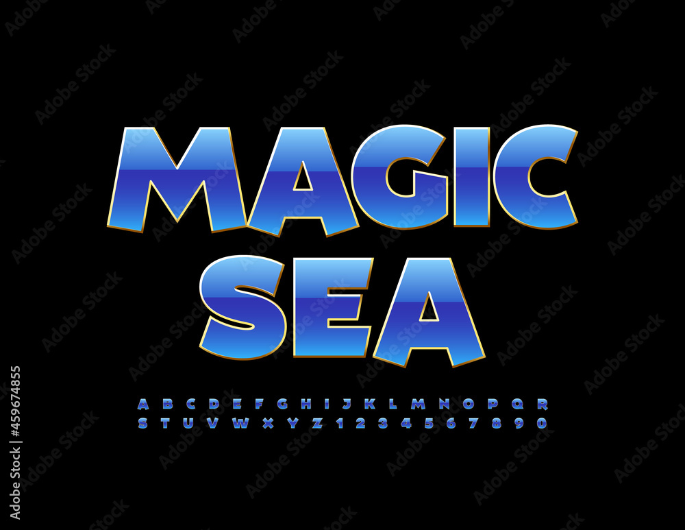 Vector bright Logo Magic Sea. Trendy Blue Font. Artistic Alphabet Letters and Numbers set Vector bright Logo Magic Sea. Trendy Blue Font. Artistic Alphabet Letters and Numbers set