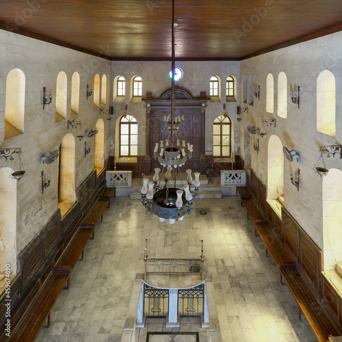 From above interior view of historic Jewish Maimonides Synagogue or Rav Moshe Synagogue with arched windows and chandelier in Gamalia district, Cairo Egypt photo