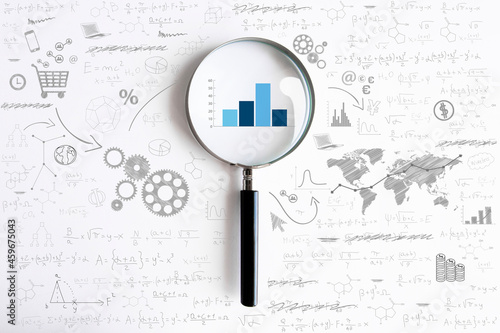 Fotografie lente di ingrandimento, analizzare, investimento, economia, finanza