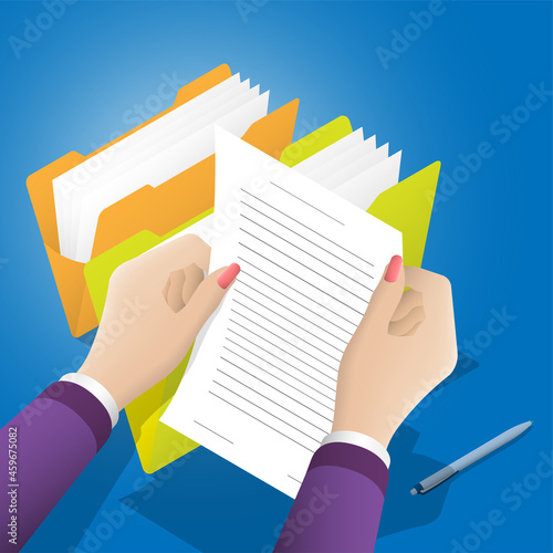 Concept. Female hands hold paper document of clerical archival folder. Storage of documents, statements and contracts. Conclusion of agreements and transfer to archive. Realistic vector