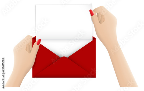 Realistic female hands holding red festive envelope with blank white sheet of paper inside. Greeting cards and letters for New Year, Christmas and Valentines Day. Realistic vector