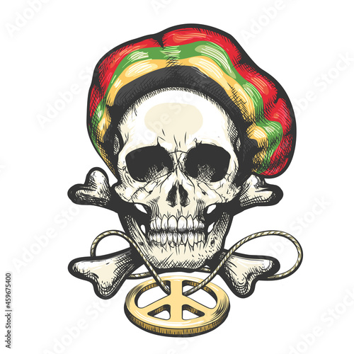 Skull in Rastaman Hat and Pacific Badge Tattoo