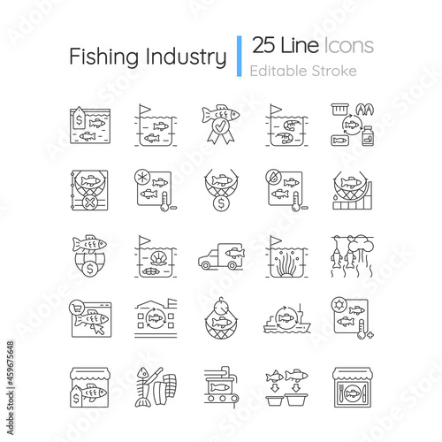 Fishing industry linear icons set. Catching and preparing seafood. Processing and farming. Canning plant. Customizable thin line contour symbols. Isolated vector outline illustrations. Editable stroke