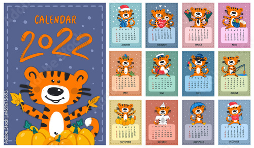 Wall calendar design template for 2022, year of Tiger according to the Chinese or Eastern calendar.
