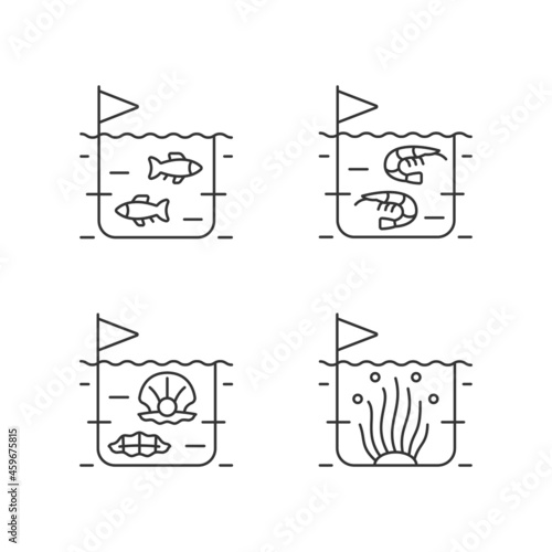 Commercial sea product farming linear icons set. Shrimp and fish growing. Pearl extraction for trade. Customizable thin line contour symbols. Isolated vector outline illustrations. Editable stroke