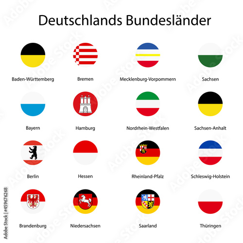 Emblems, flags of german federal lands,state isolated with names text photo