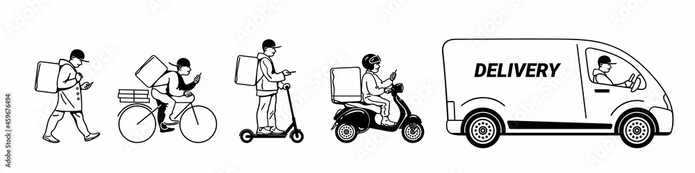 Delivery service set. Couriers walking, riding bicycle, electric scooter, motorbike, driving delivery truck.Vector illustration. Delivery service set. Couriers walking, riding bicycle, electric scooter, motorbike, driving delivery truck.Vector illustration.