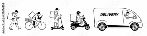 Delivery service set. Couriers walking, riding bicycle, electric scooter, motorbike, driving delivery truck.Vector illustration.