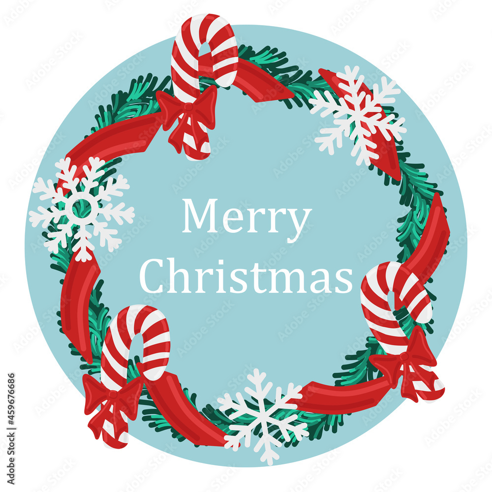 Obraz premium Christmas holiday round wreath frame with red candy cane and snowflakes.