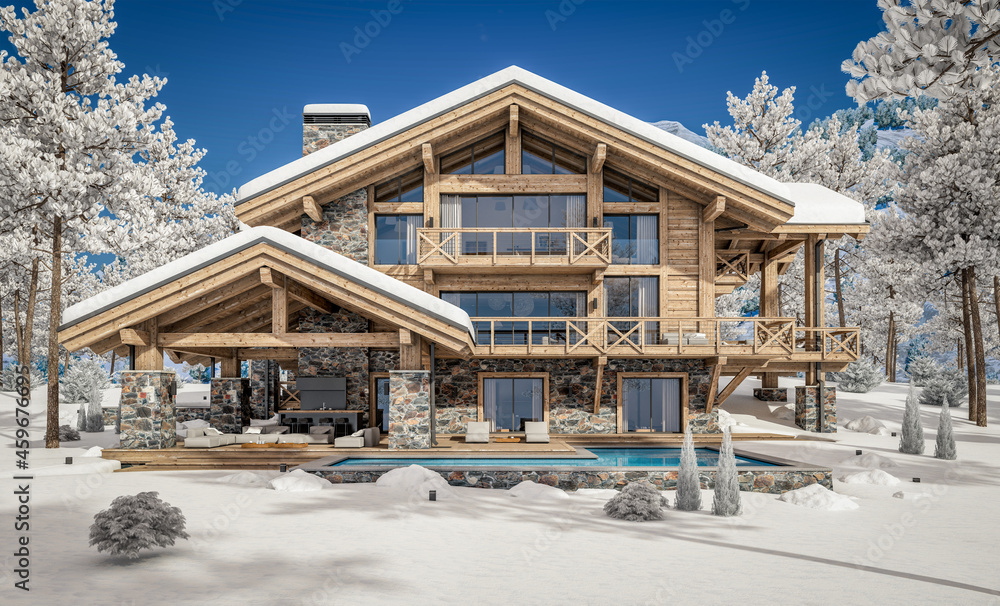 3d rendering of modern cozy chalet with pool and parking for sale or rent. Beautiful forest mountains on background. Massive timber beams columns. Cool winter day with shiny white snow. 3d rendering of modern cozy chalet with pool and parking for sale or rent. Beautiful forest mountains on background. Massive timber beams columns. Cool winter day with shiny white snow.