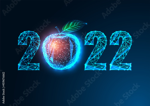 Futuristic 2022 New Year digital web banner template with glowing low polygonal apple and digits on dark blue