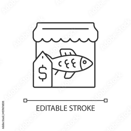 Fish market linear icon. Fresh and frozen seafood trade. Fish marketplace. Fishmongers stall. Thin line customizable illustration. Contour symbol. Vector isolated outline drawing. Editable stroke