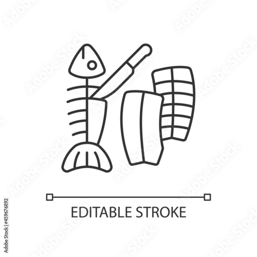 Fillet carving linear icon. Slicing fish flesh. Skinless and boneless seafood product. Thin line customizable illustration. Contour symbol. Vector isolated outline drawing. Editable stroke