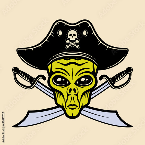 Alien head in pirate hat and two crossed swords vector illustration in colorful cartoon style isolated on light background