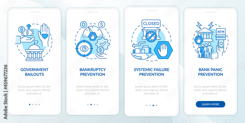 Government bank regulation onboarding mobile app page screen. Bankruptcy prevention walkthrough 4 steps graphic instructions with concepts. UI, UX, GUI vector template with linear color illustrations Government bank regulation onboarding mobile app page screen. Bankruptcy prevention walkthrough 4 steps graphic instructions with concepts. UI, UX, GUI vector template with linear color illustrations