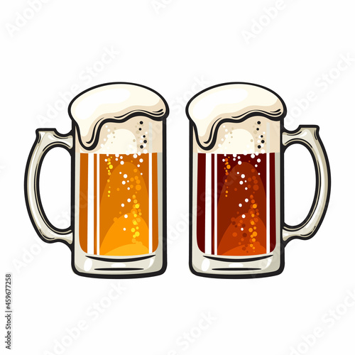 Two big mugs of beer dark and light with foam and bubbles. Hand drawn vector illustration isolated on white background