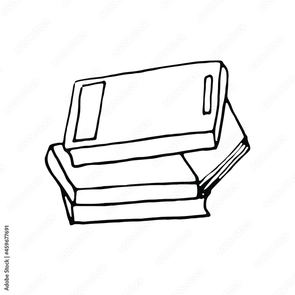 Book.Hand painted lineart illustration.Studies.University.School.Black.Doodle.Stack of books.