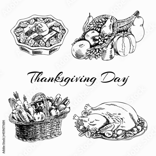 A hand-drawn set of Thanksgiving dishes: baked turkey, cornucopia, basket of vegetables, apple pie. Vintage ink drawings. Vector illustration for labels and postcards.