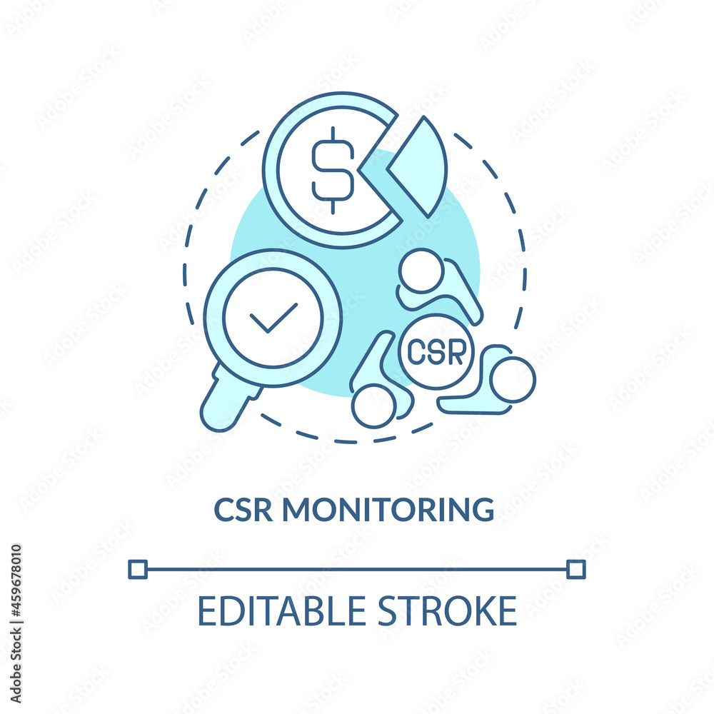 CSR monitoring system concept icon. Corporate social responsibility ecaluation perfomance abstract idea thin line illustration. Vector isolated outline color drawing. Editable stroke CSR monitoring system concept icon. Corporate social responsibility ecaluation perfomance abstract idea thin line illustration. Vector isolated outline color drawing. Editable stroke