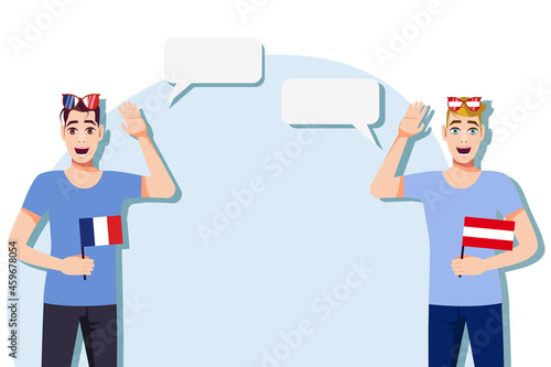 Men with French and Austrian flags. Background for text. Communication between native speakers of France and Austria. Vector illustration.
