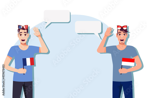 The concept of international communication, sports, education, business between France and Indonesia. Men with French and Indonesian flags. Vector illustration.